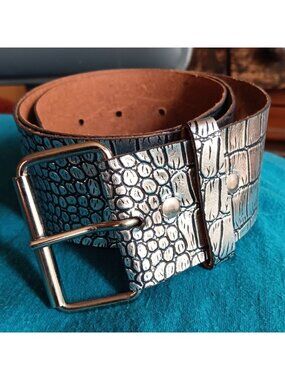 sz 13 28" Vintage Mod Belt Metallic Silver Faux Croc Embossed 1960's Jackie O